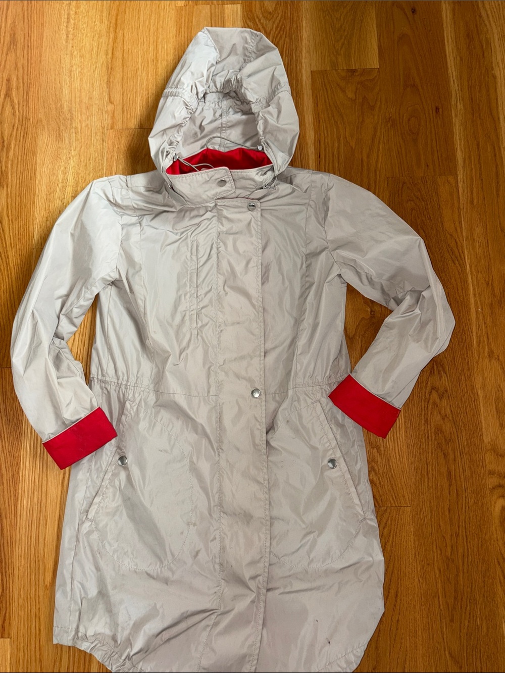 Theory Light Gray Hooded Trench Coat with Red Trim